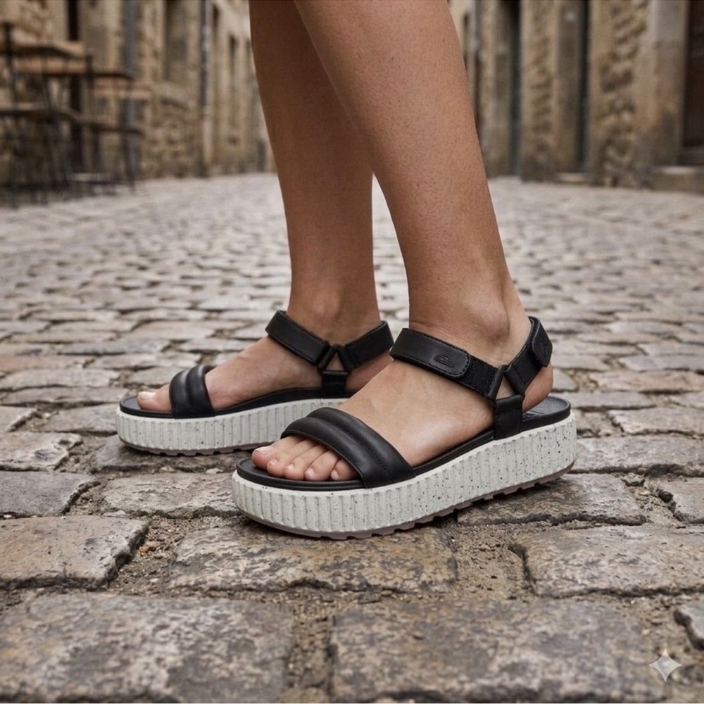 REEF Women’s Black White Ankle Strap Vista Higher Raya Platform Sandals